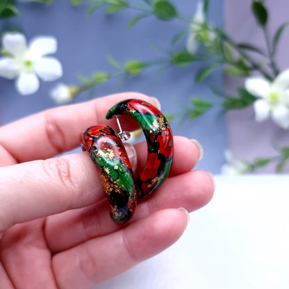 Poppy Flowers Moon Huggie Earrings