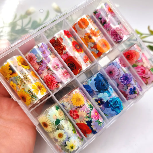 Set of 10 Colorful Garden Flowers Patterns of Transfer Foils