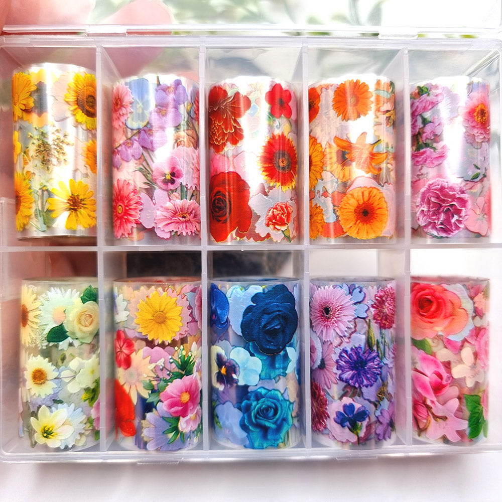 Set of 10 Colorful Garden Flowers Patterns of Transfer Foils