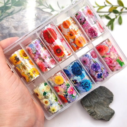 Set of 10 Colorful Garden Flowers Patterns of Transfer Foils