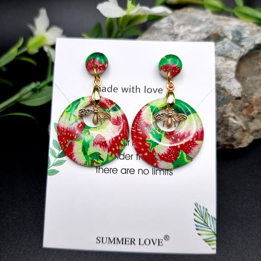 Round Strawberry Earrings Studs with Bees