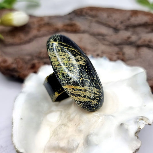 Stylish Oval Polymer Clay Gold & Black Ring Ring SweetyBijou Jewelry   