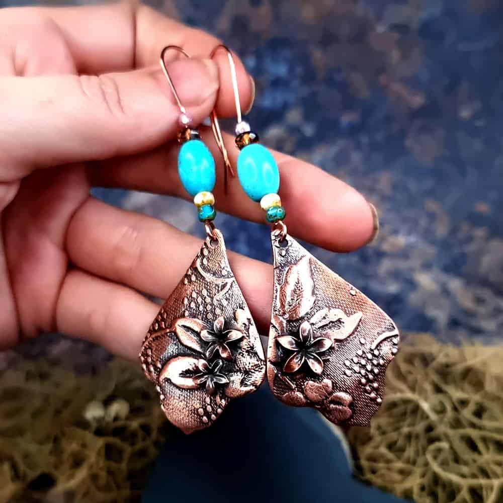 Amazing Copper Long Earrings with Flowers Earrings SweetyBijou Jewelry   