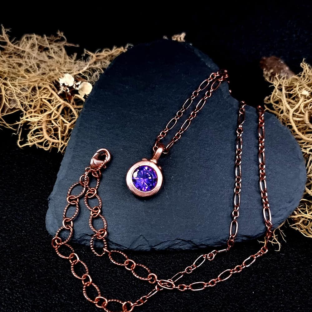 Metal Copper Pendant with Violet CZ on Copper chain Pendant SweetyBijou Jewelry   