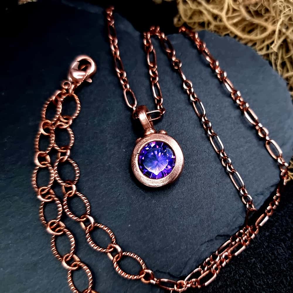 Metal Copper Pendant with Violet CZ on Copper chain Pendant SweetyBijou Jewelry   