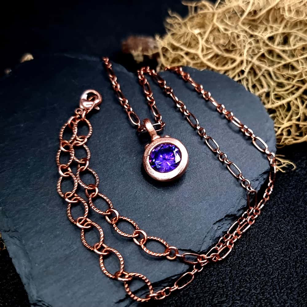 Metal Copper Pendant with Violet CZ on Copper chain Pendant SweetyBijou Jewelry   