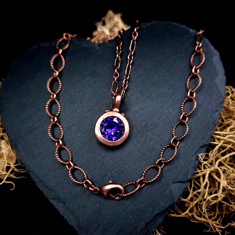 Metal Copper Pendant with Violet CZ on Copper chain Pendant SweetyBijou Jewelry   