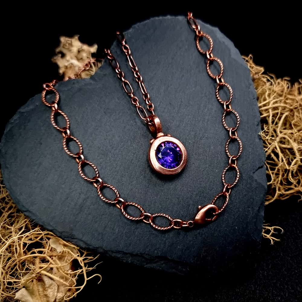 Metal Copper Pendant with Violet CZ on Copper chain Pendant SweetyBijou Jewelry   