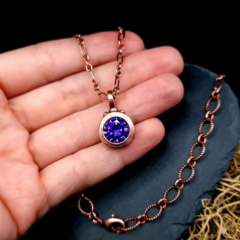 Metal Copper Pendant with Violet CZ on Copper chain Pendant SweetyBijou Jewelry   