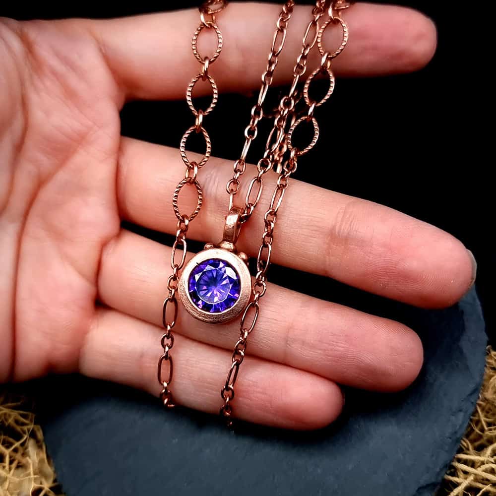 Metal Copper Pendant with Violet CZ on Copper chain Pendant SweetyBijou Jewelry   