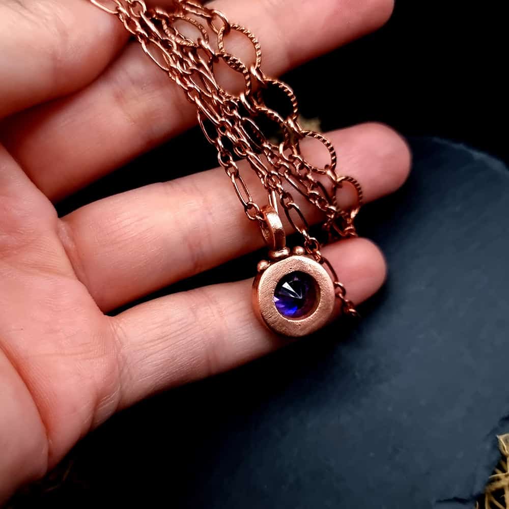 Metal Copper Pendant with Violet CZ on Copper chain Pendant SweetyBijou Jewelry   